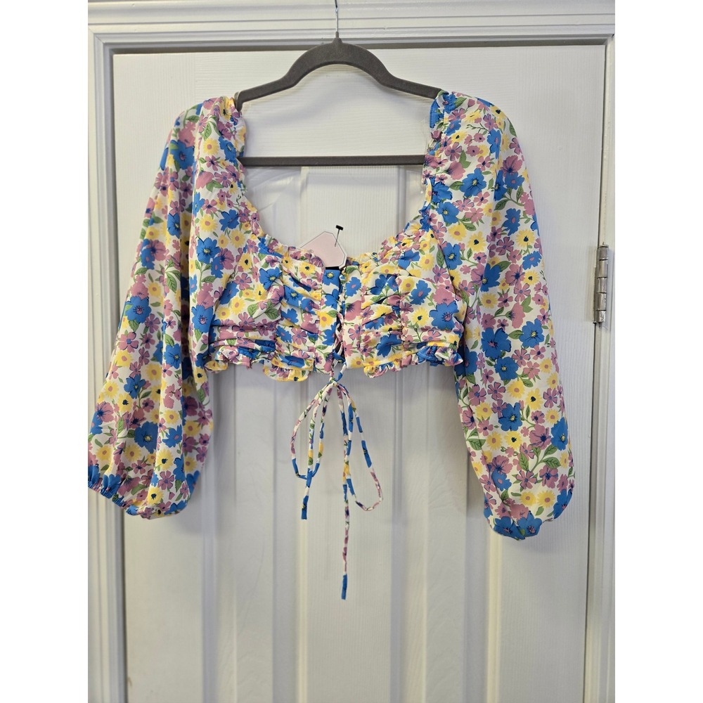 Floral Lace Up Crop Top Puff Sleeve Smocked Back Cottagecore Coquette‎ Babydoll